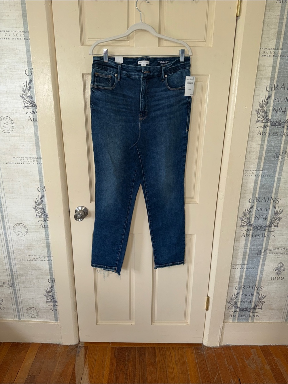 Good American Dark Indigo Cropped Raw-Hem Jeans